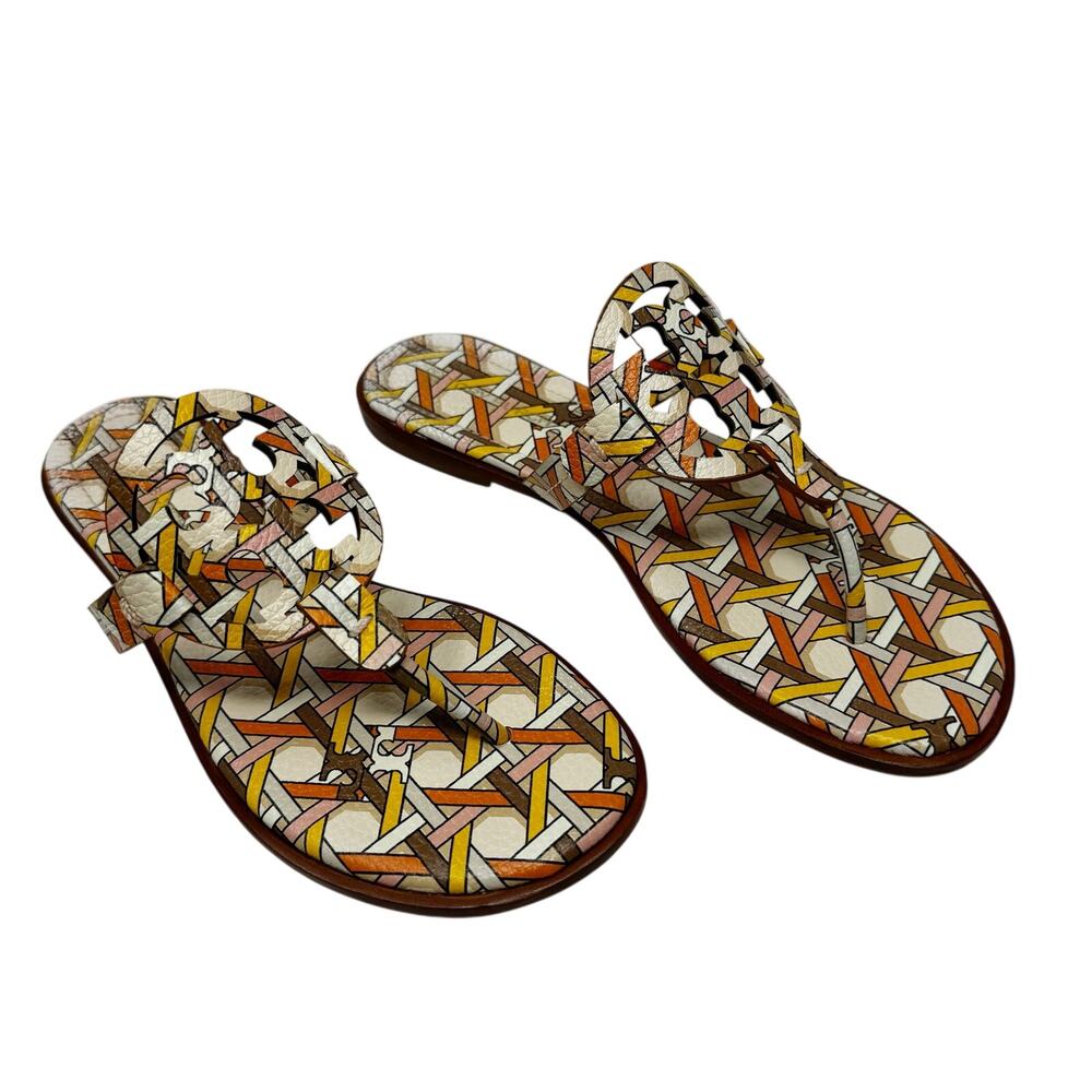 Tory Burch Miller Pink Caning Logo Print Thong Printed Tumbled Leather Sandal 7